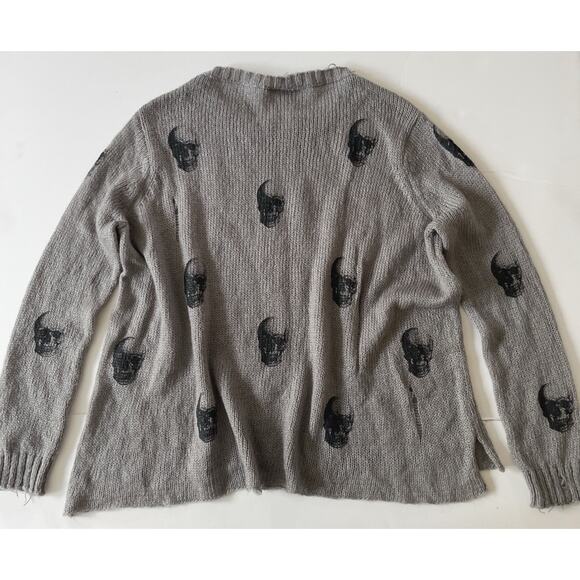 Wooden Ships Distressed Skull Sweater Women XS Gray Boxy Mohair Wool Goth Cozy - Picture 10 of 11